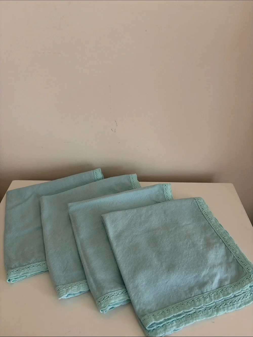 Set of 4 Light Aqua Linen  Napkins with Lace Trim